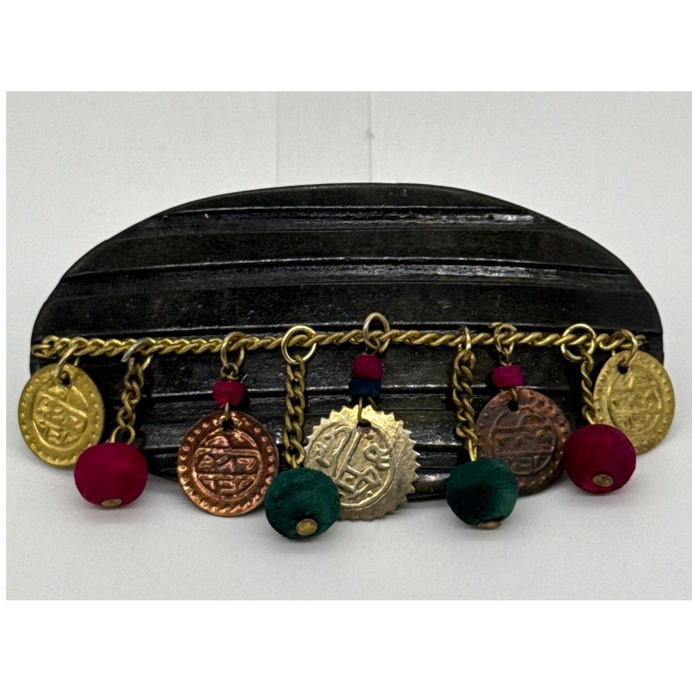 Vintage Boho Oval Hair Barrette with Dangle Coins and Colorful Beads French Clip
